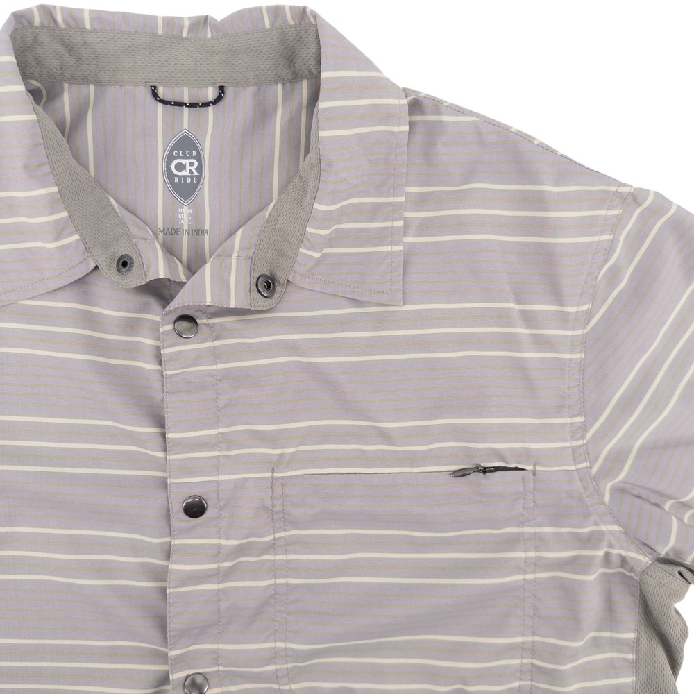 Club Ride Mens Med. Striped Gray Short Sleeve Snap Button‎ Stretch Wicking Shirt